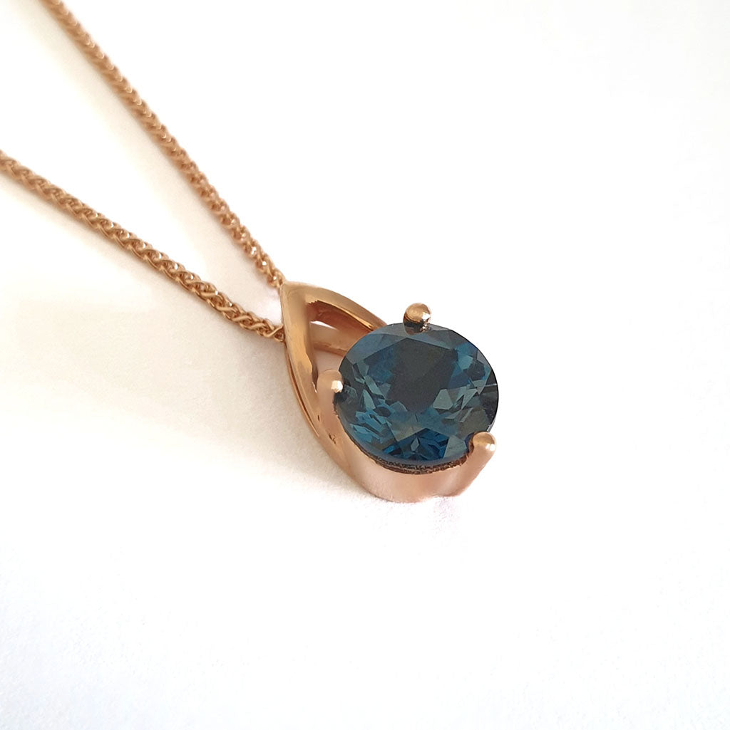 Open V Round Cut Blue Topaz Rose Gold Pendant and Chain