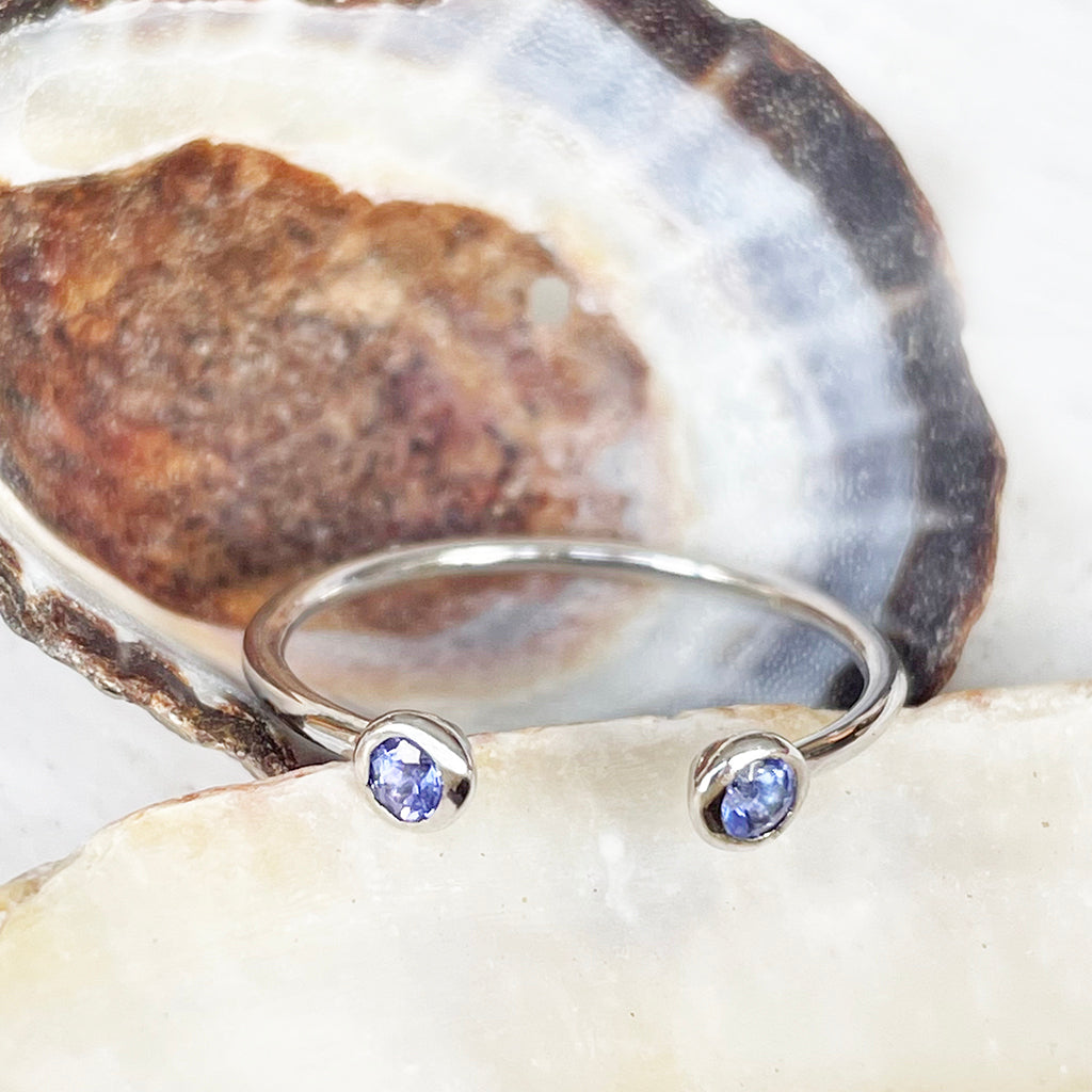 Open White Gold Double Bezel 2mm Tanzanite Stacking Ring