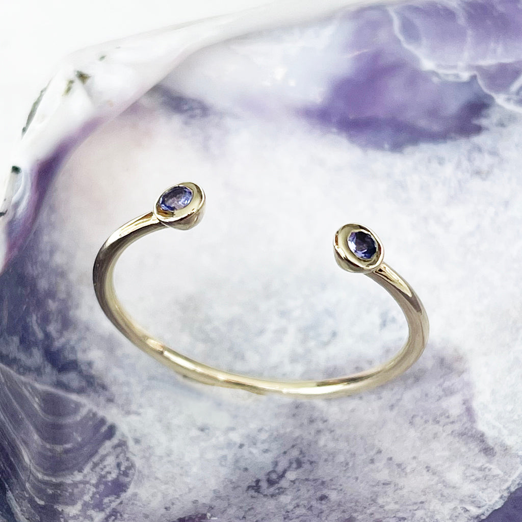 Open Yellow Gold Double Bezel 1mm Tanzanite Stacking Ring
