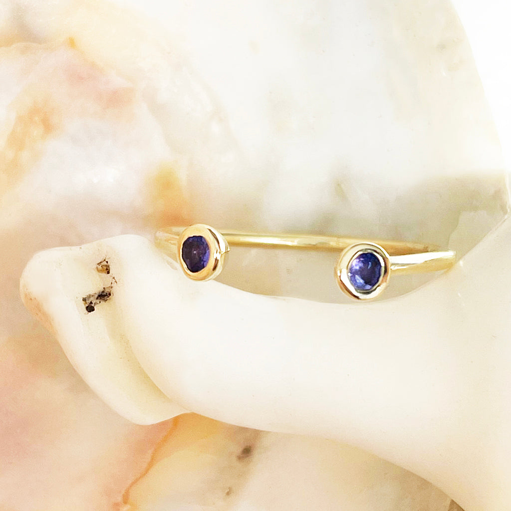 Open Yellow Gold Double Bezel 2mm Tanzanite Stacking Ring