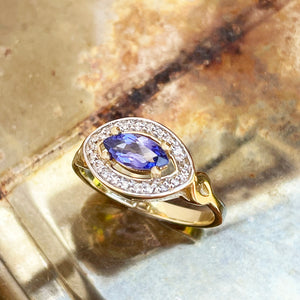 Opulent Marquise Tanzanite and Diamond Halo Yellow Gold Ring