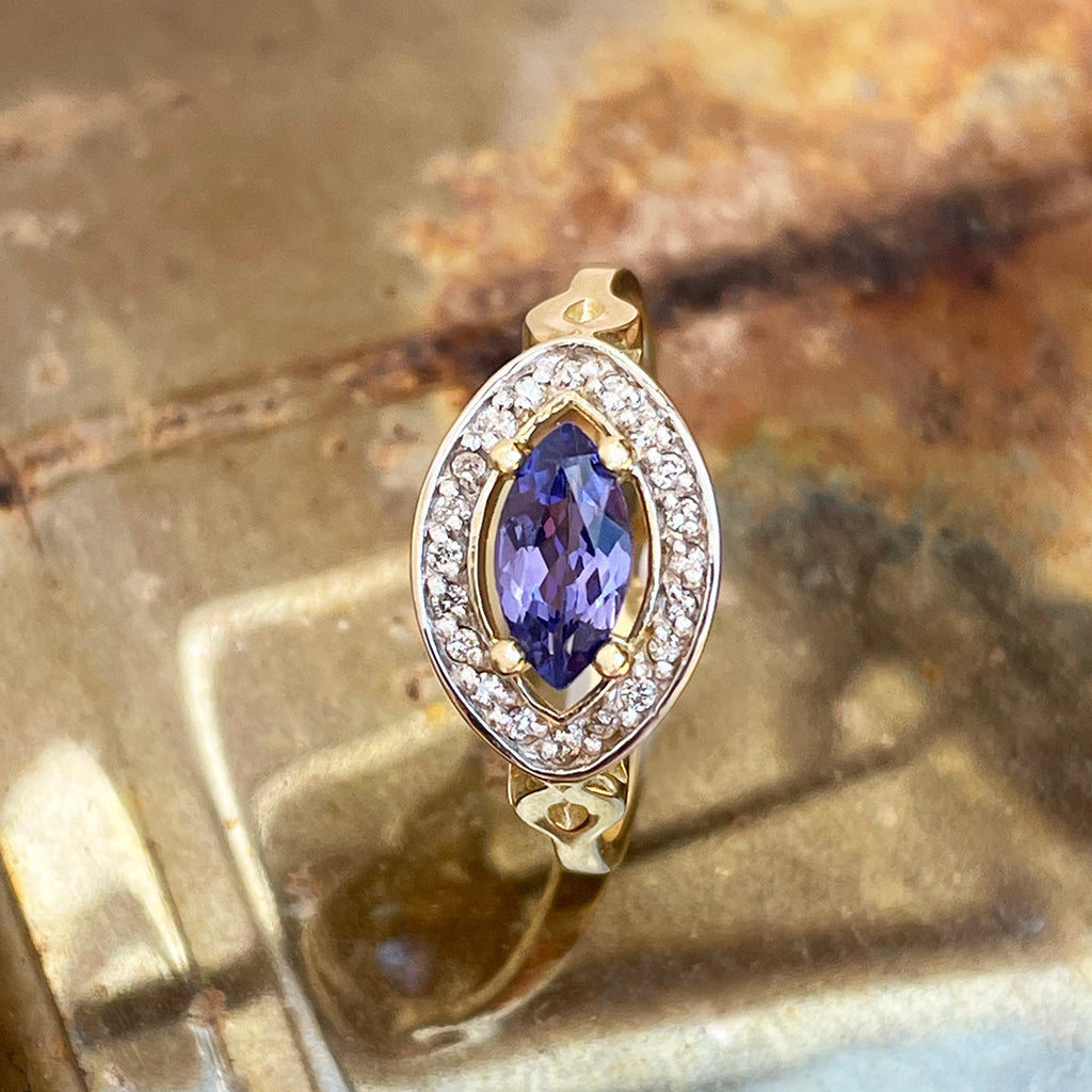 Opulent Marquise Tanzanite and Diamond Halo Yellow Gold Ring