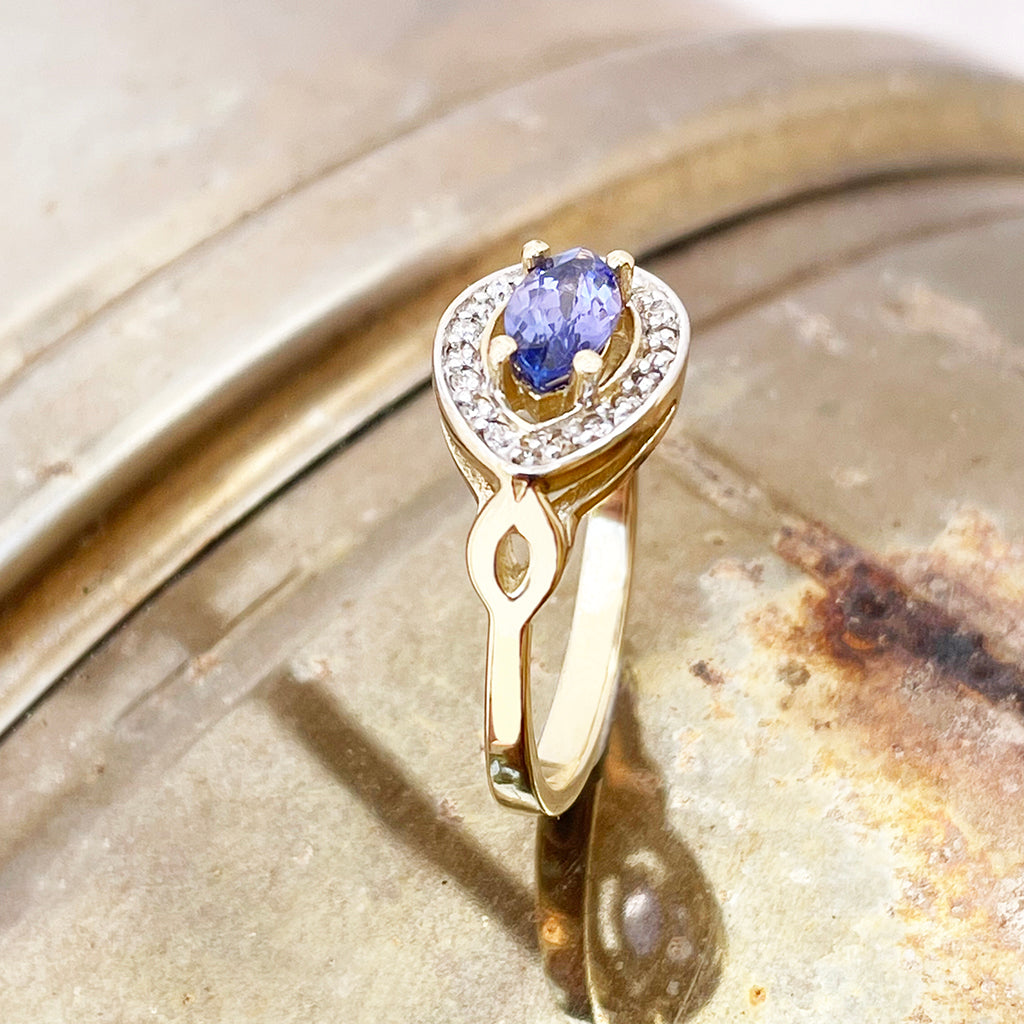 Opulent Marquise Tanzanite and Diamond Halo Yellow Gold Ring