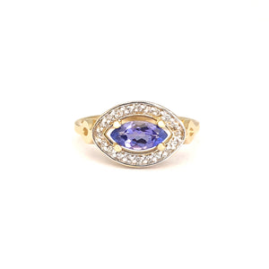 Opulent Marquise Tanzanite and Diamond Halo Yellow Gold Ring