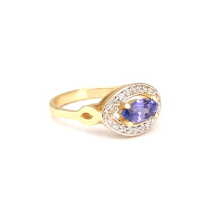 Opulent Marquise Tanzanite and Diamond Halo Yellow Gold Ring