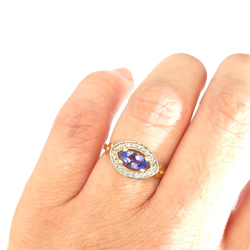 Opulent Marquise Tanzanite and Diamond Halo Yellow Gold Ring