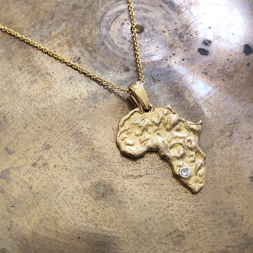 Organic Yellow Gold Africa and Diamond Pendant