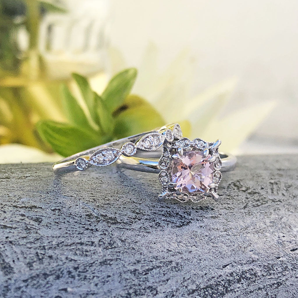 Ornate Cushion Cut Morganite and Diamond Ring and Milgrain Diamond Band