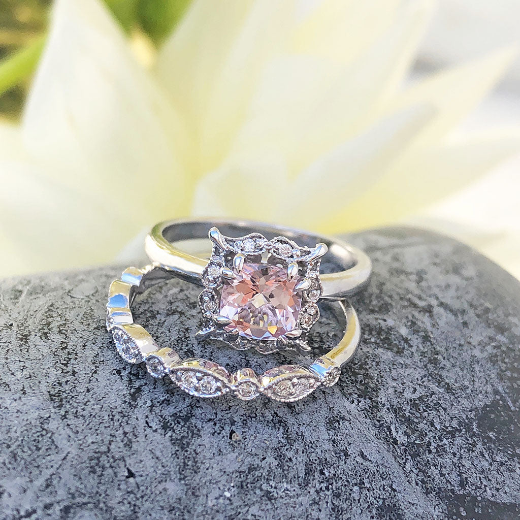 Ornate Cushion Cut Morganite and Diamond Ring and Milgrain Diamond Band