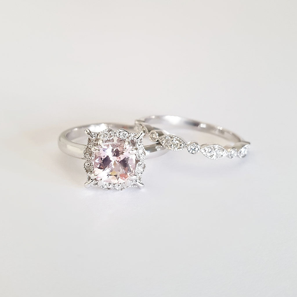 Ornate Cushion Cut Morganite and Diamond Ring with Milgrain Diamond Band Wedding Set