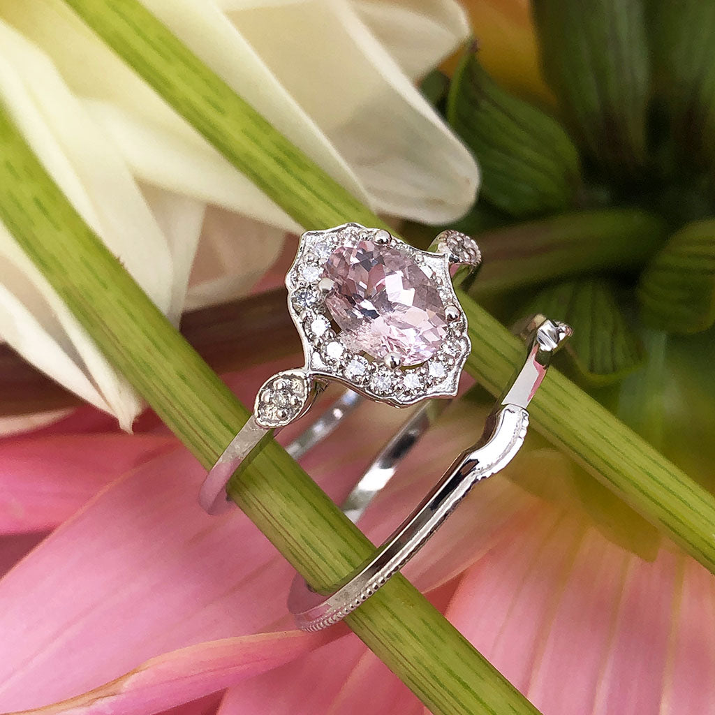 Petite Ornate Morganite and Diamond Ring and Beaded Band Wedding Set