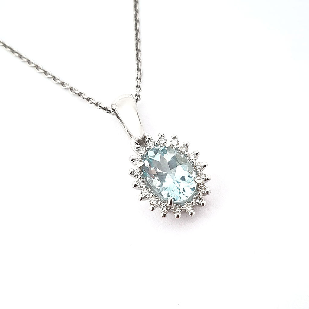Oval Aquamarine Diamond Halo Pendant