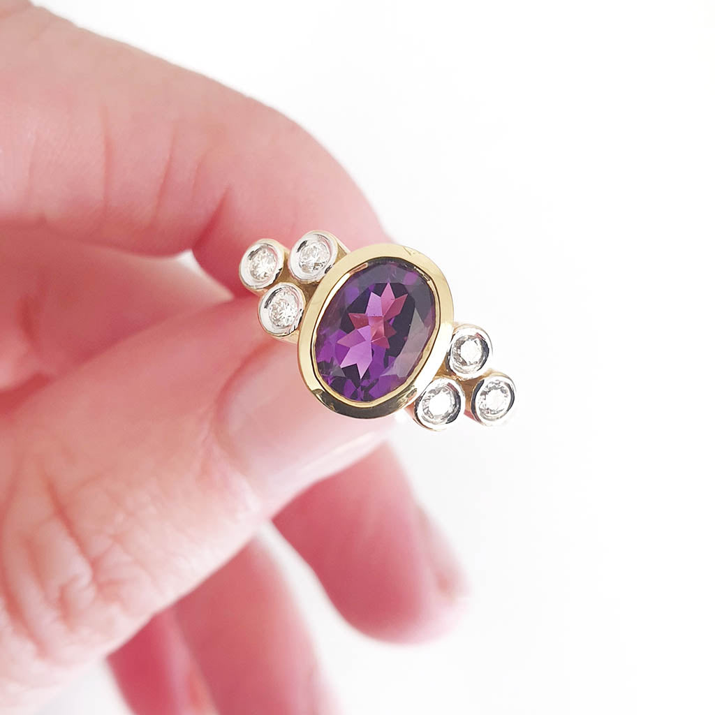 Oval Cut Amethyst Ring with Double Diamond Trilogy Accents
