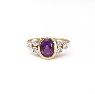 Oval Cut Amethyst Ring with Double Diamond Trilogy Accents