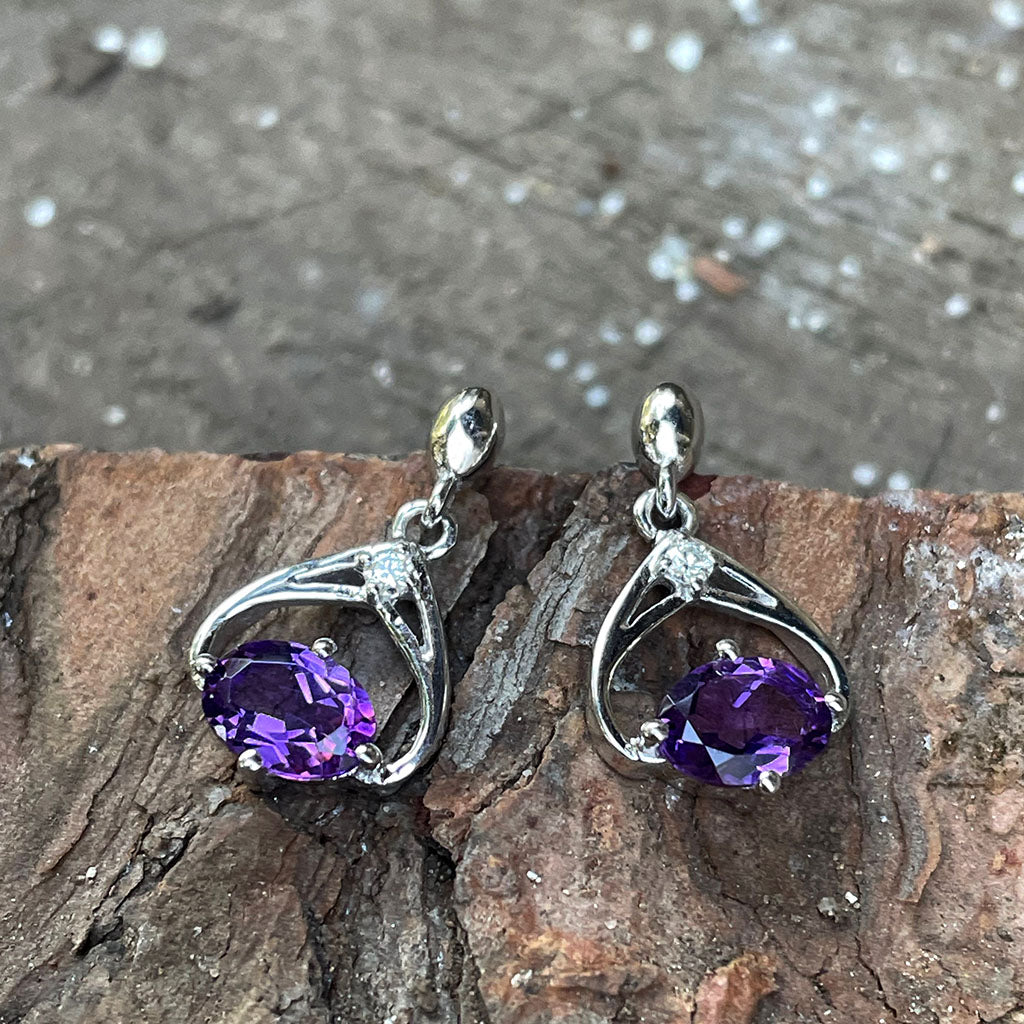 Oval Cut Amethyst and Diamond Twist Drop Earrings