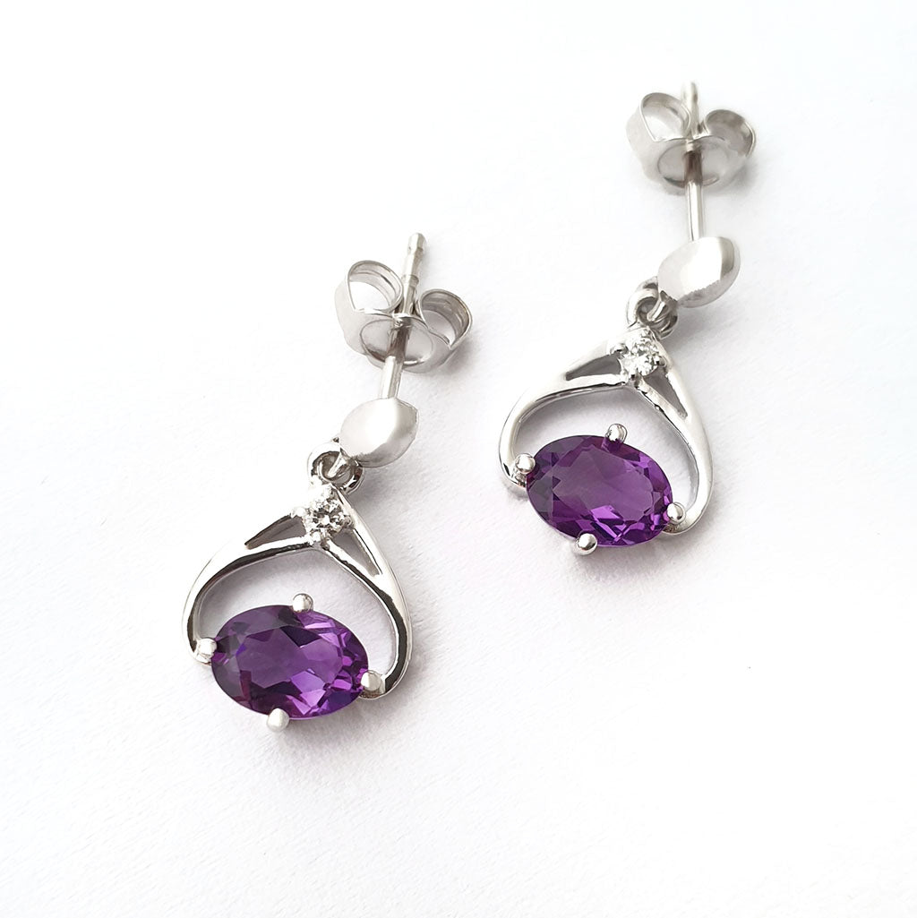 Oval Cut Amethyst and Diamond Twist Drop Earrings
