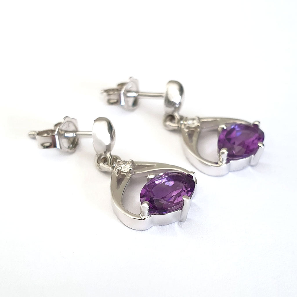 Oval Cut Amethyst and Diamond Twist Drop Earrings
