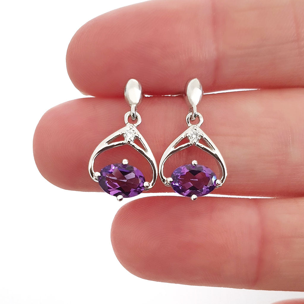 Oval Cut Amethyst and Diamond Twist Drop Earrings