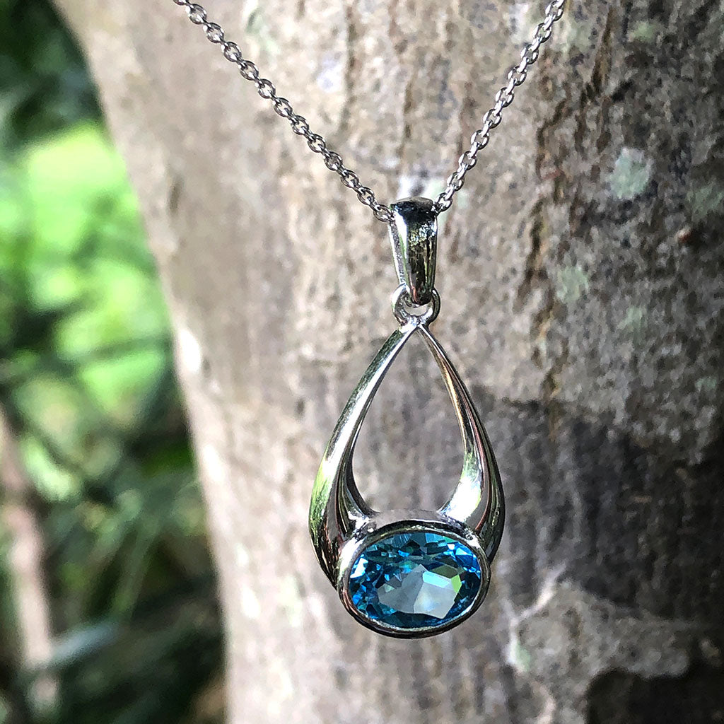 Oval Cut Blue Topaz Wide Droplet Pendant and Chain