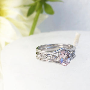 Oval Cut Morganite and Diamond Accent White Gold Triplet Wedding Set