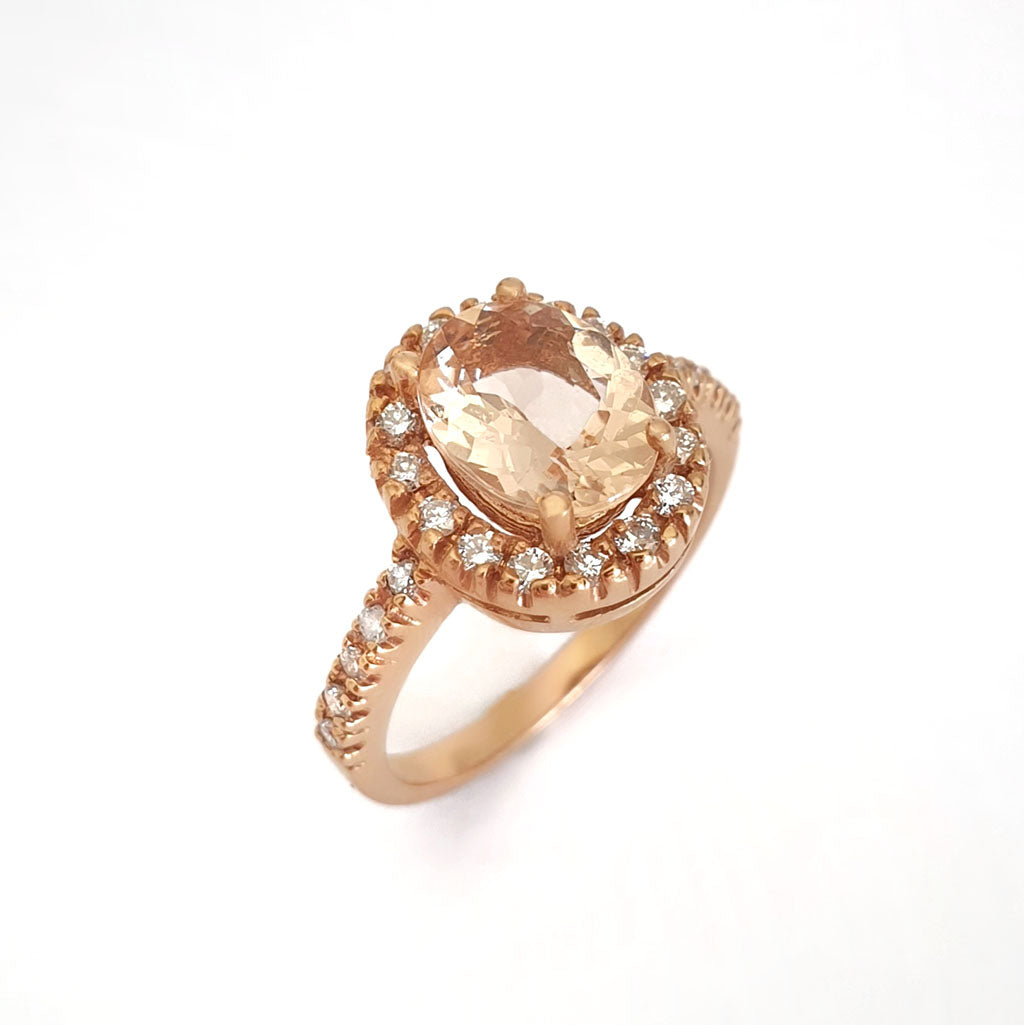 Oval Cut Morganite and Diamond Halo Ring