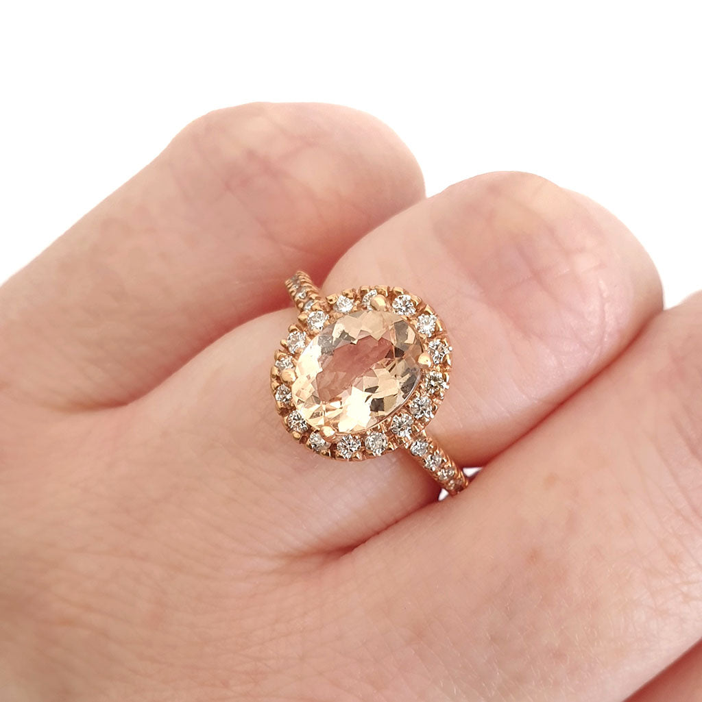 Oval Cut Morganite and Diamond Halo Ring