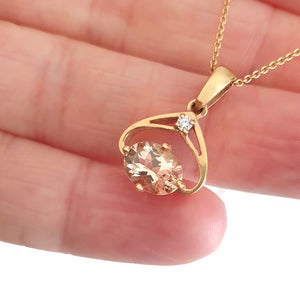  Oval Cut Morganite and Diamond Rose Gold Pendant and Chain