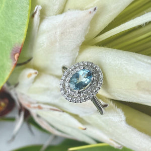 Oval Double Diamond Halo Aquamarine Ring