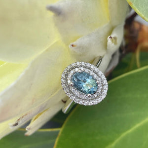 Oval Double Diamond Halo Aquamarine Ring