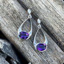 Oval Hooped Droplet Shaped Amethyst Earrings