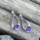 Oval Hooped Droplet Shaped Amethyst Earrings