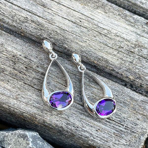 Oval Hooped Droplet Shaped Amethyst Earrings