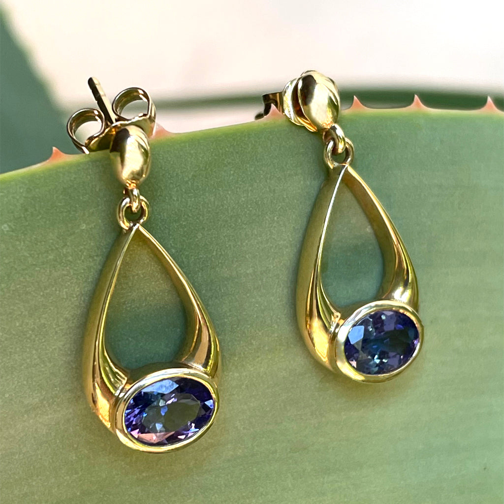 Oval Hooped Droplet Shaped Tanzanite Yellow Gold Earrings