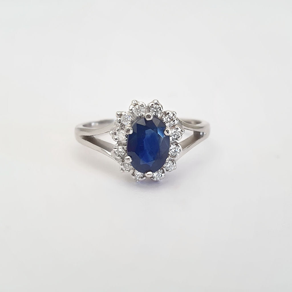 Oval Sapphire and Diamond Halo Ring