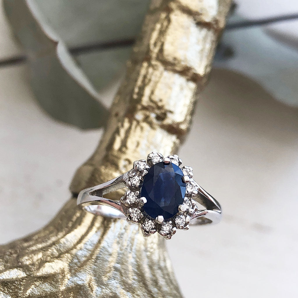 Oval Sapphire and Diamond Halo Ring