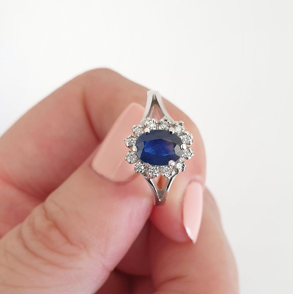 Oval Sapphire and Diamond Halo Ring