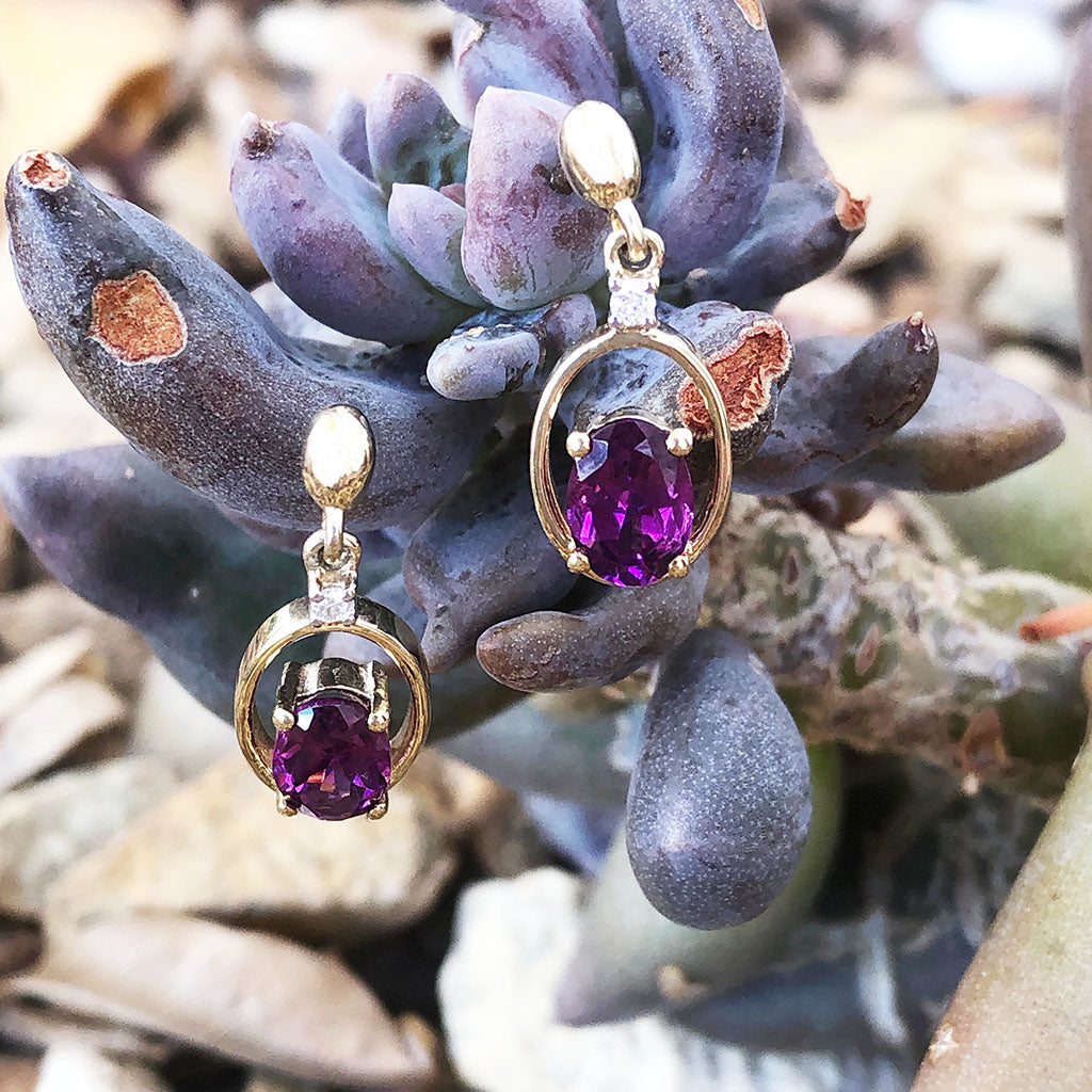 Oval Yellow Gold Grape Garnet Drop Earrings