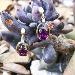 Oval Yellow Gold Grape Garnet Drop Earrings