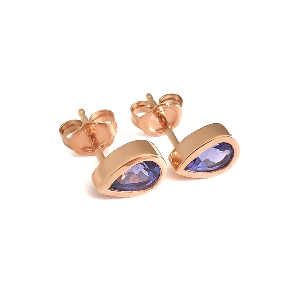 Pear Cut Bezel Set Tanzanite Rose Gold Studs