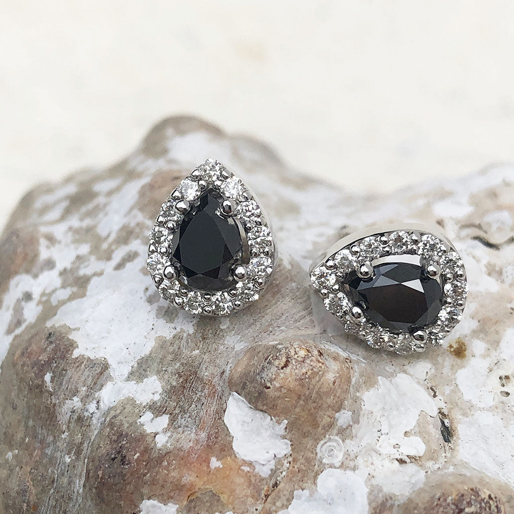 Pear Cut Black Diamond Earrings with White Diamond Halo