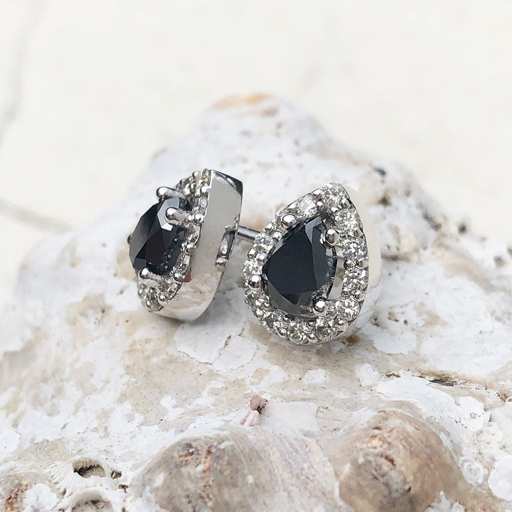 Pear Cut Black Diamond Earrings with White Diamond Halo