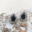 Pear Cut Black Diamond Earrings with White Diamond Halo