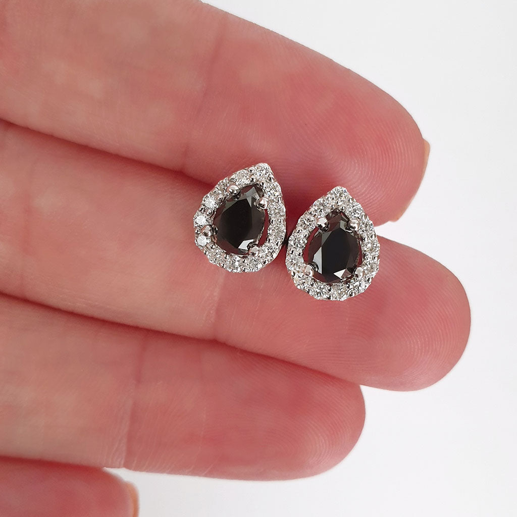 Pear Cut Black Diamond Earrings with White Diamond Halo