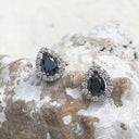 Pear Cut Black Diamond Earrings with White Diamond Halo