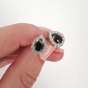 Pear Cut Black Diamond Earrings with White Diamond Halo