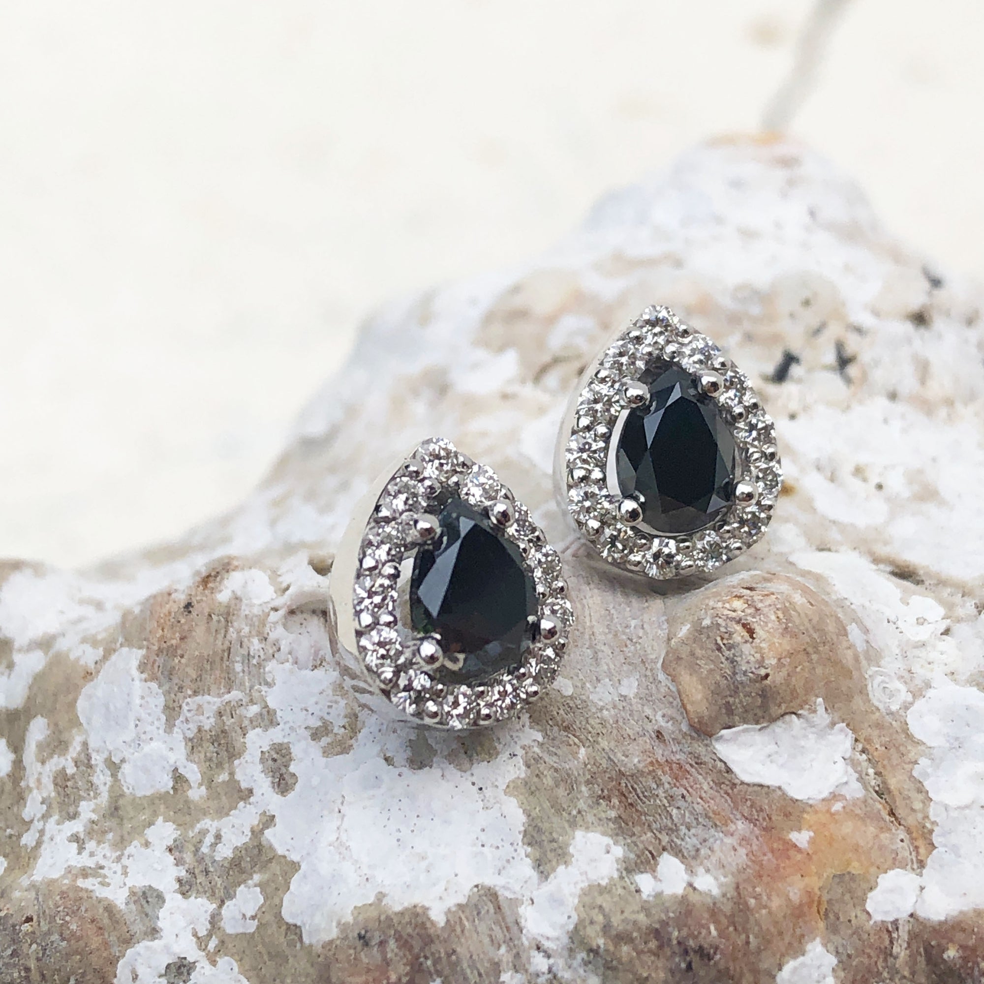 Pear Cut Black Diamond Earrings with White Diamond Halo Afrogem Jewellers