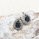 Pear Cut Black Diamond Earrings with White Diamond Halo