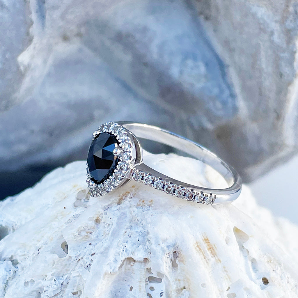 Pear Cut Black Diamond with Rose Cut Faceted Face and White Diamond Halo