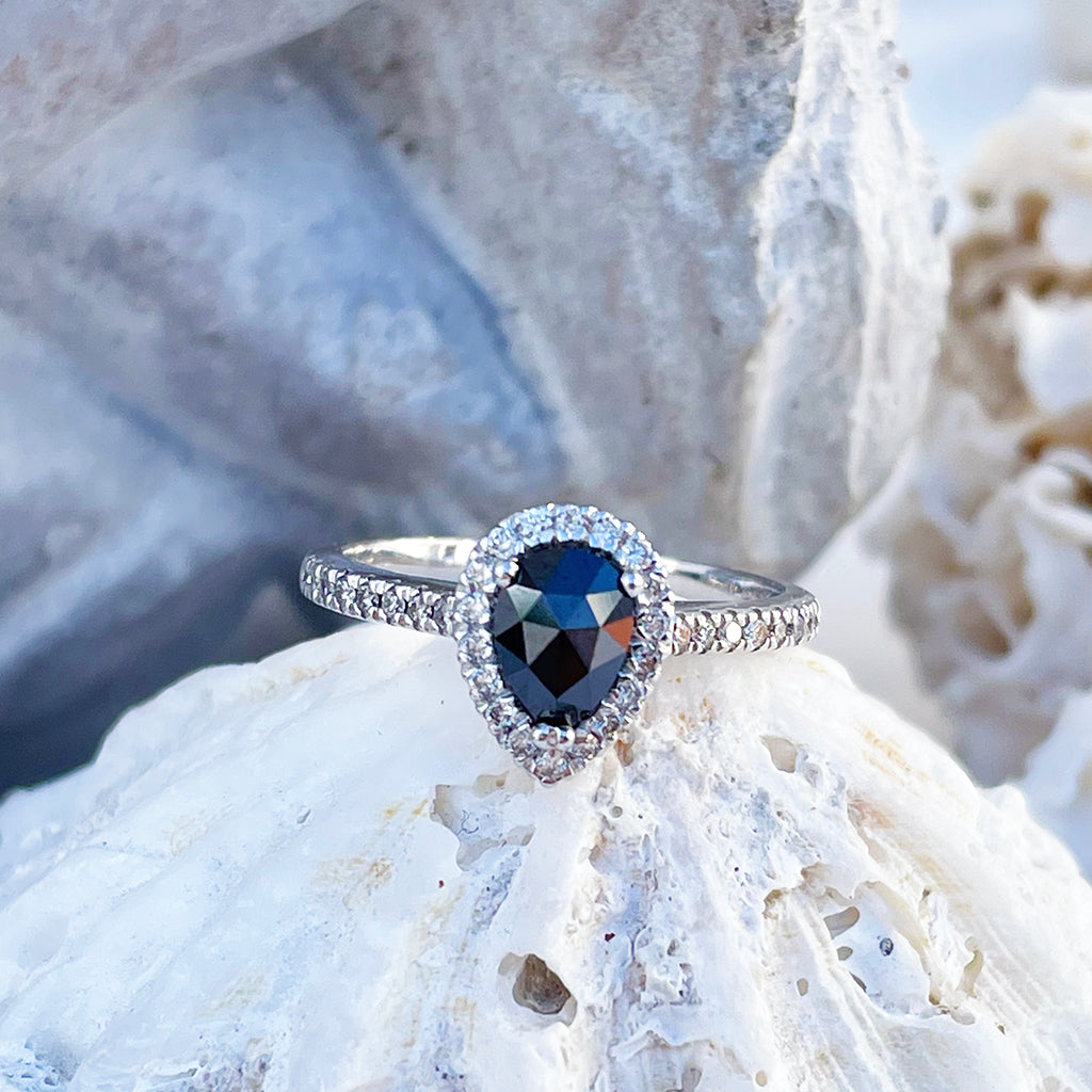 Pear Cut Black Diamond with Rose Cut Faceted Face and White Diamond Halo