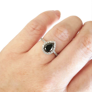 Pear Cut Black Diamond with White Diamond Halo